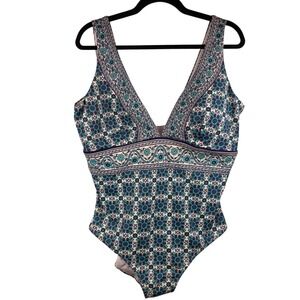 Boden V-Neck One-Piece Swimsuit Blue Floral Mosaic Geometric Women's Size 16-18